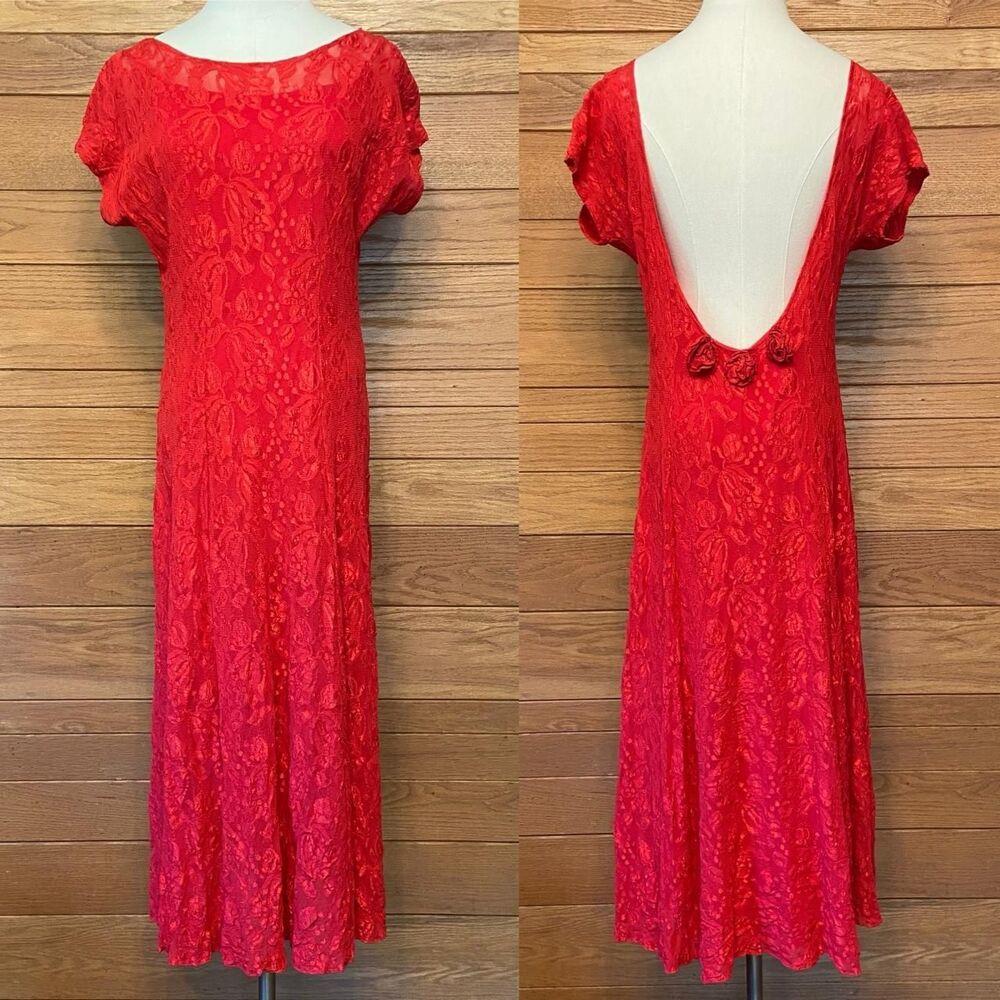 Vintage 90s All That Jazz red lace low back rosette lace midi dress